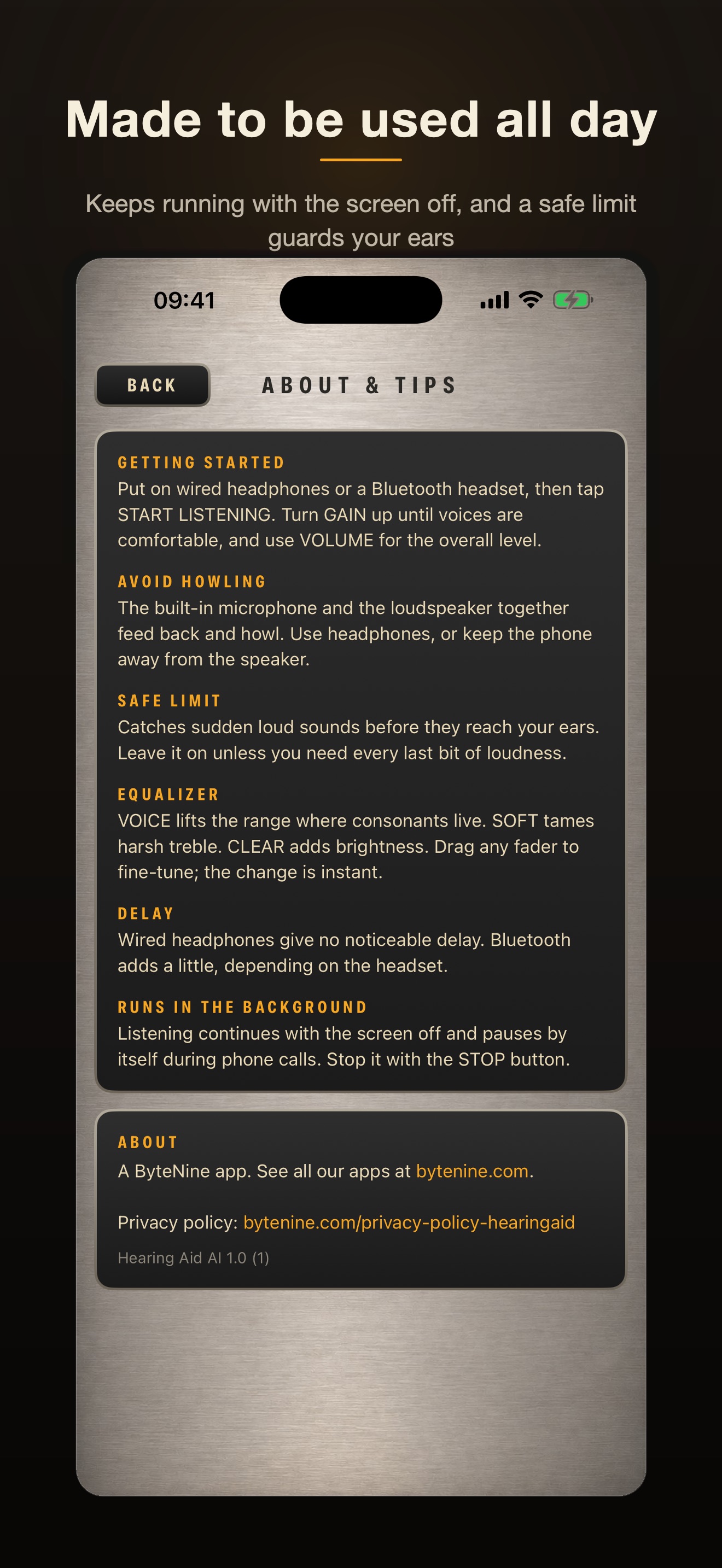 The About and tips screen with advice on getting started, feedback and the safe limit