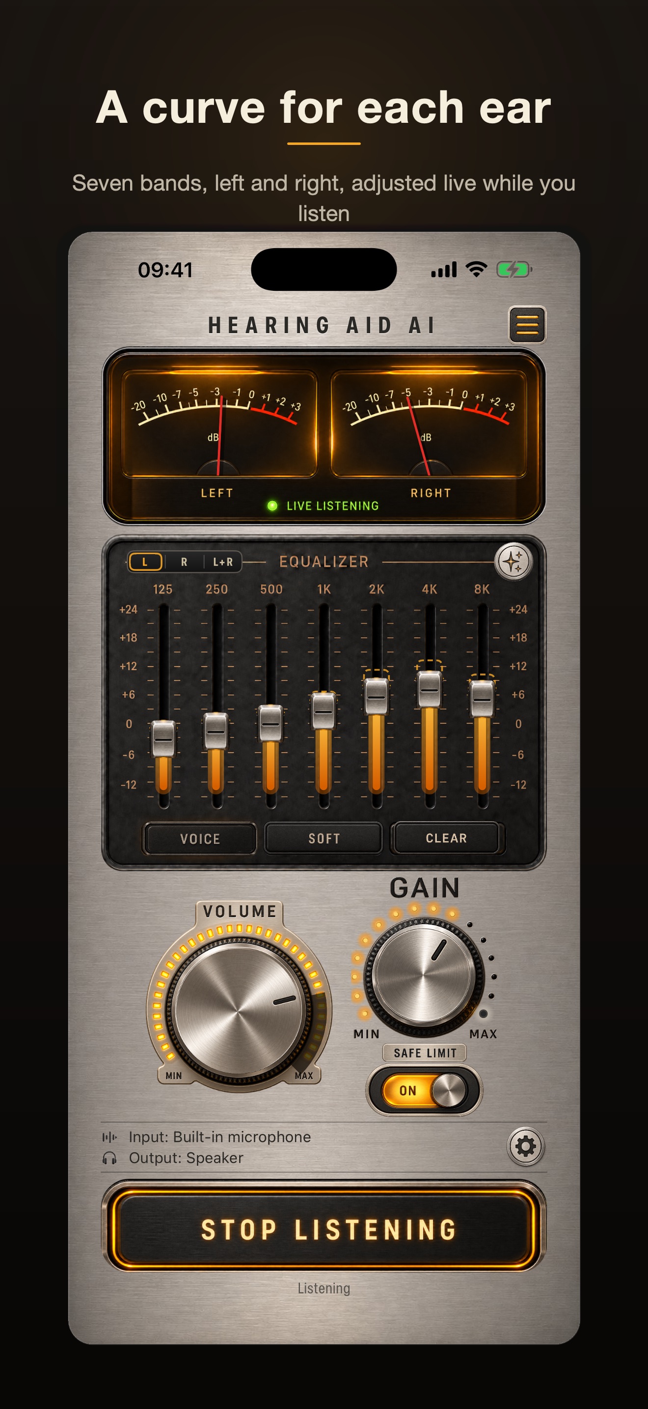 The seven-band equalizer with the left ear selected and a dashed outline of the right ear's curve