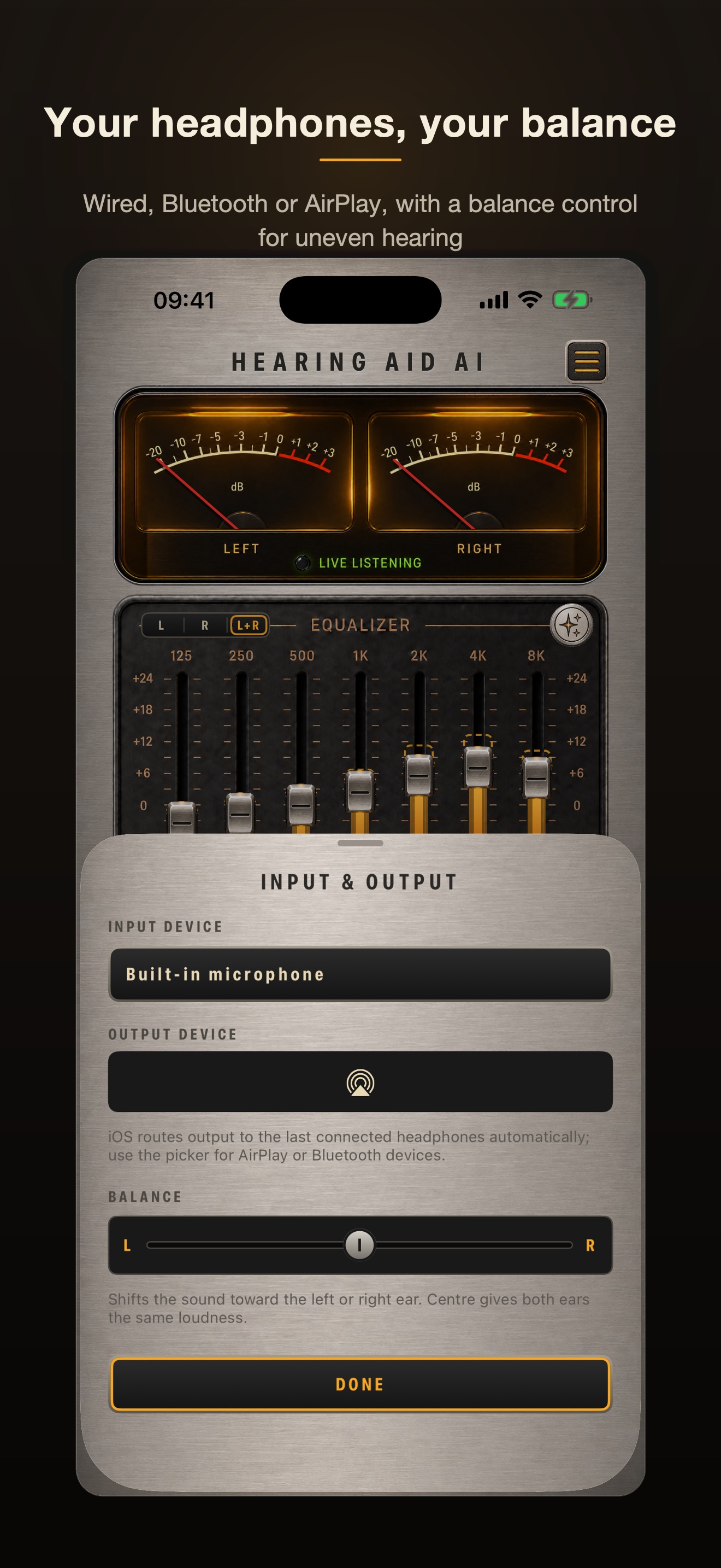 The input and output sheet with the microphone, the output device and a left–right balance slider