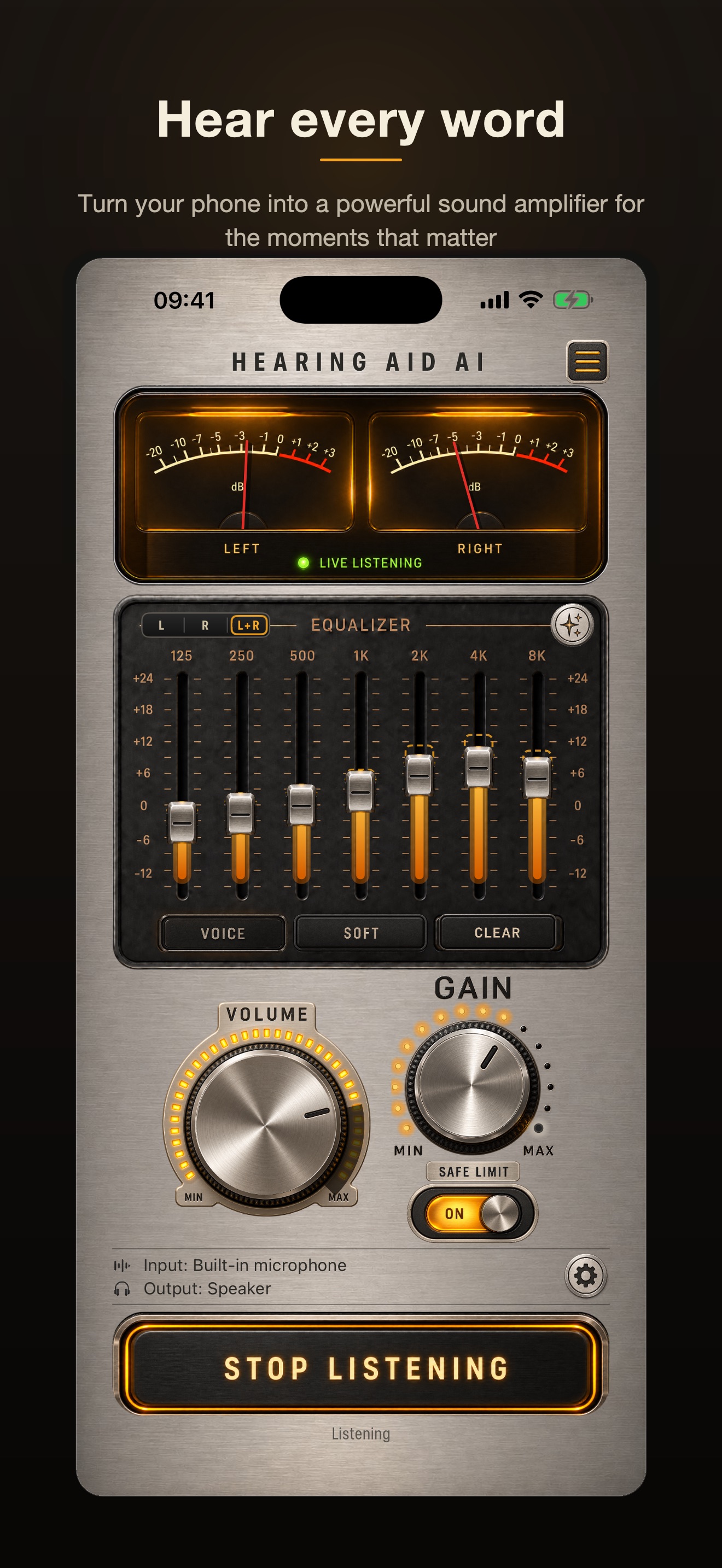 The amplifier panel on iPhone while listening, with both VU meters moving