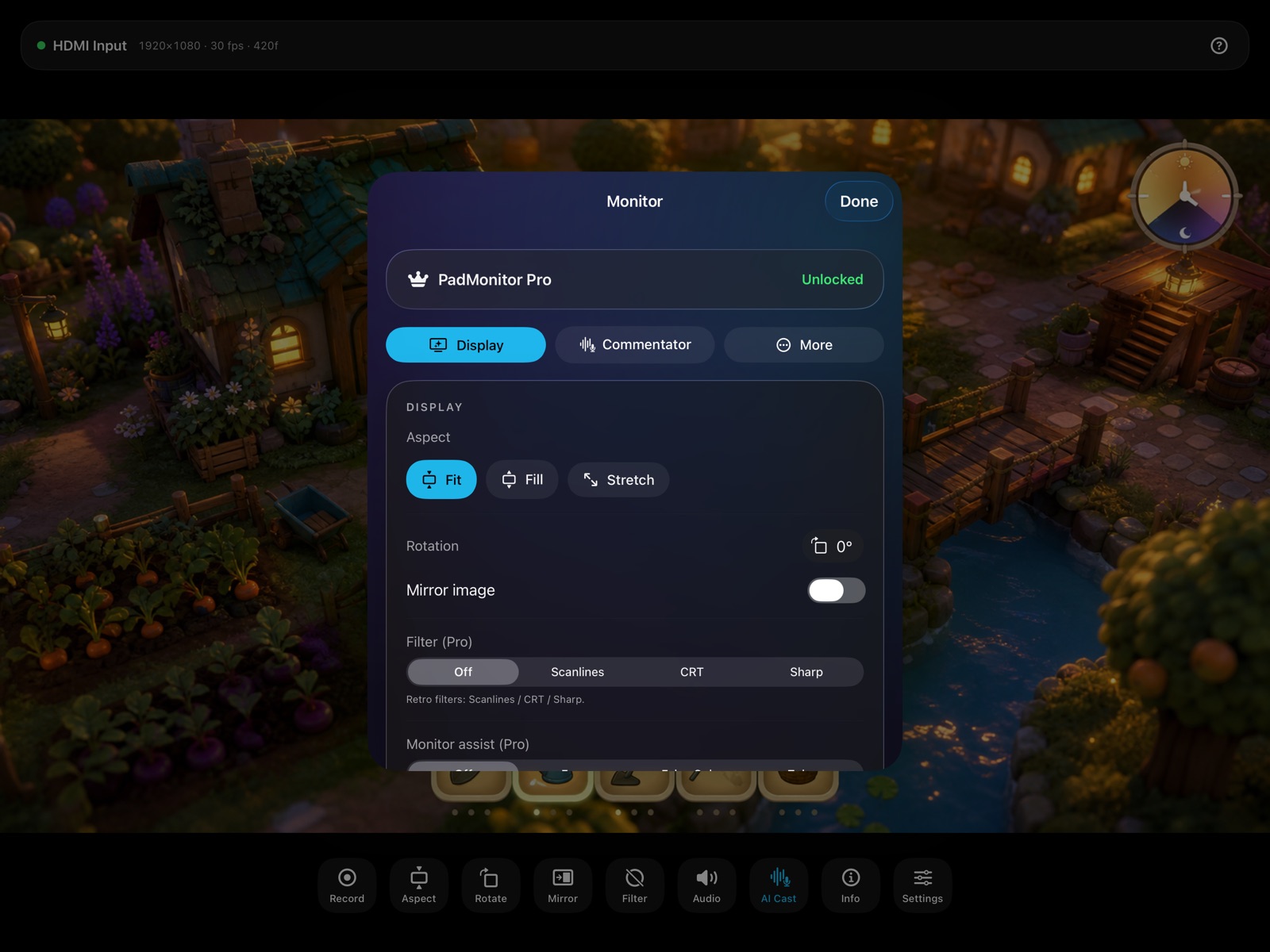 Display settings with fit, fill and stretch, rotation and mirroring