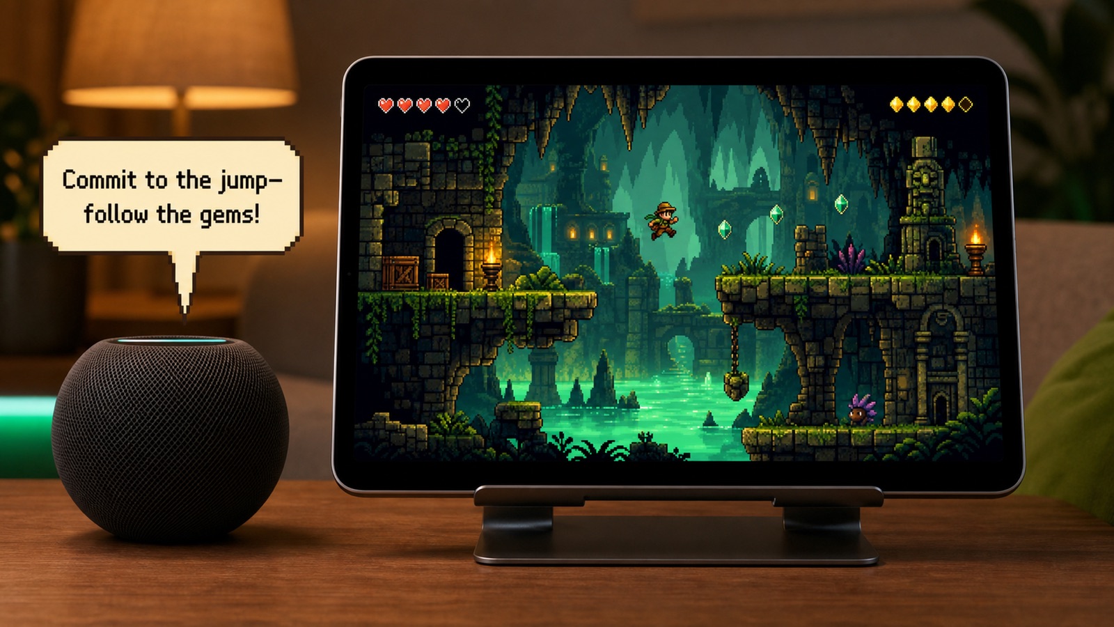 A retro platformer on an iPad with the commentator giving coaching tips