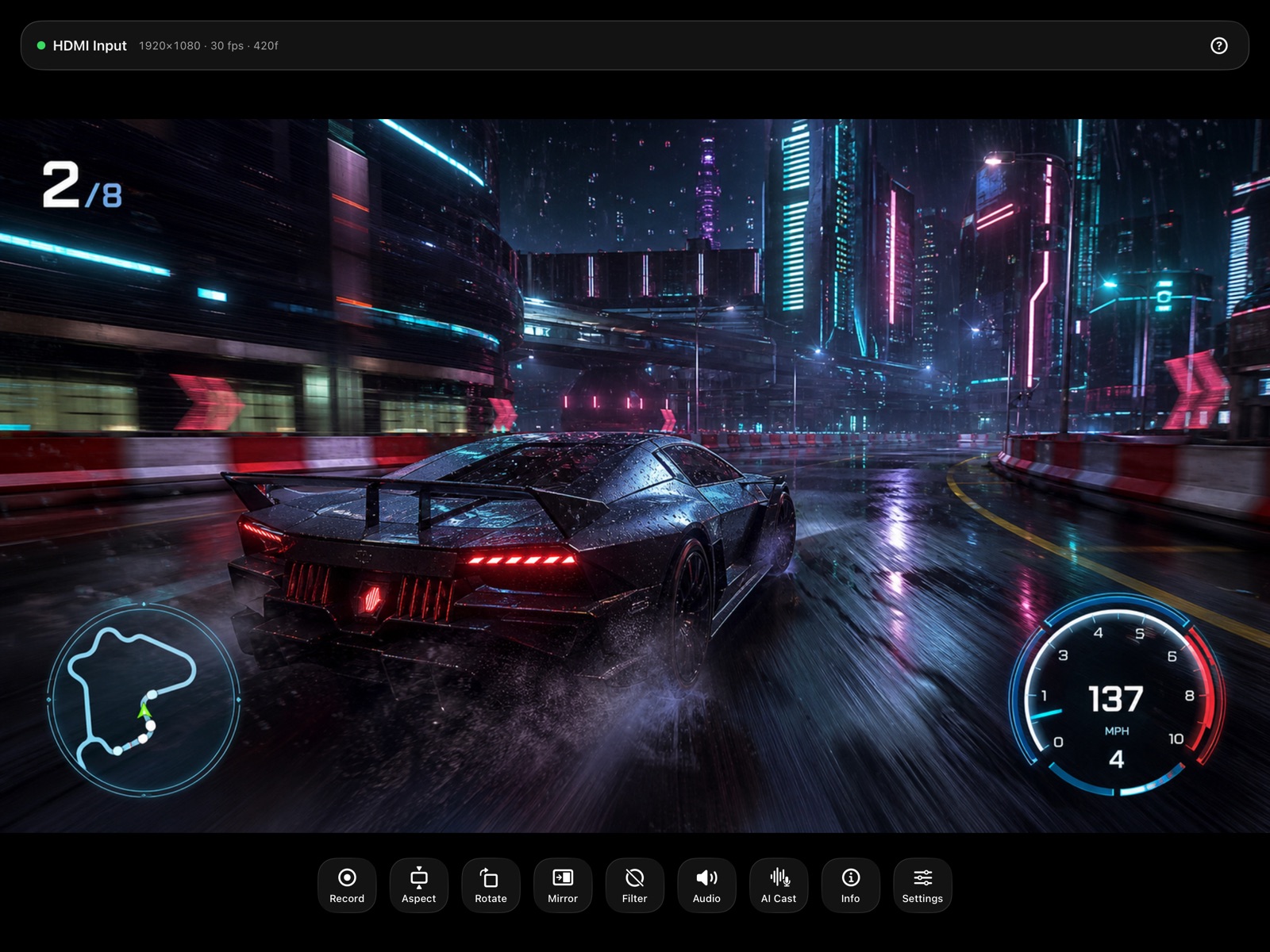 PadMonitor showing a racing game full screen with the glass control bar
