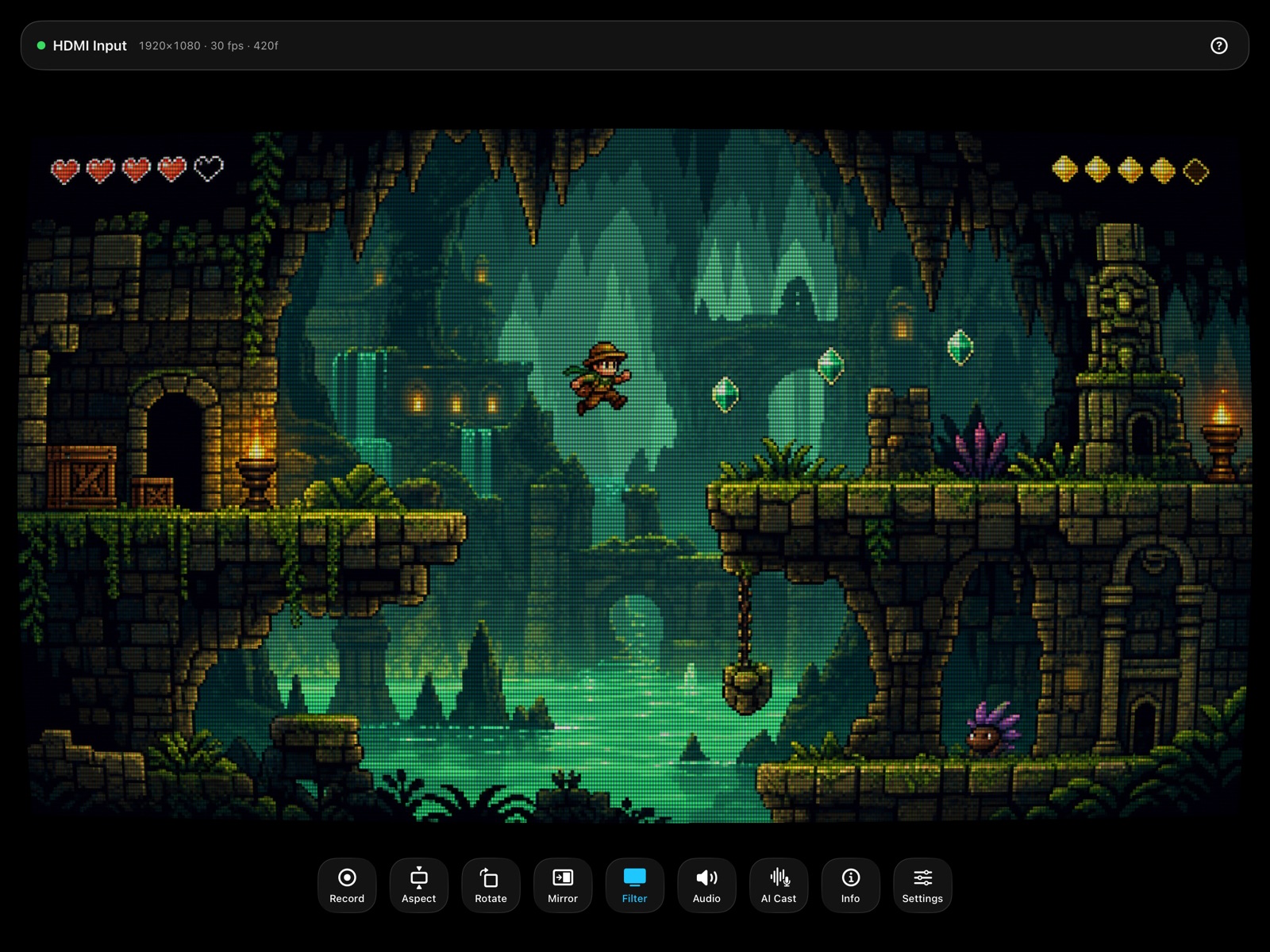 A pixel-art platformer rendered through the CRT filter