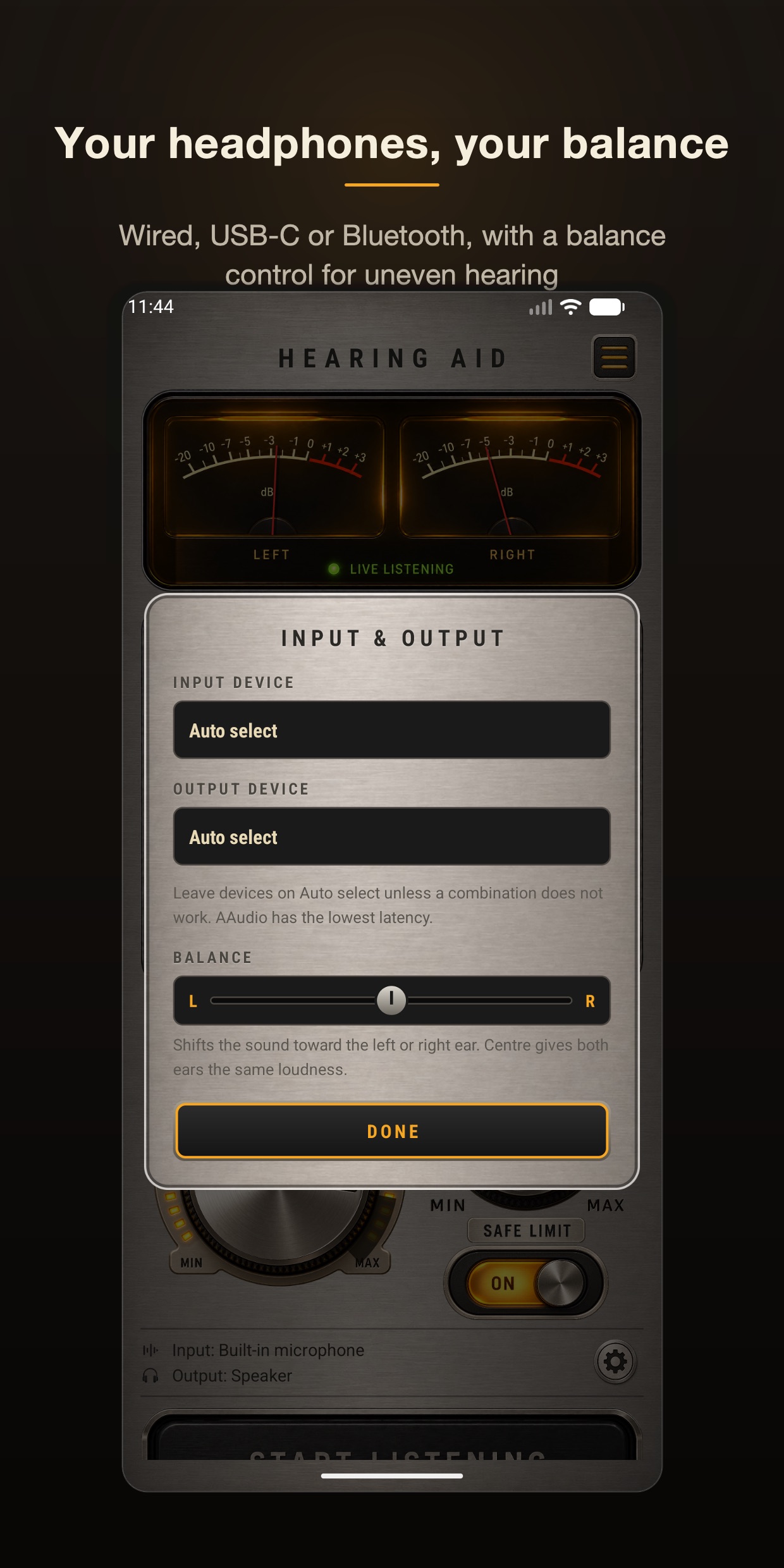 The input and output sheet with automatic device selection and a left–right balance slider