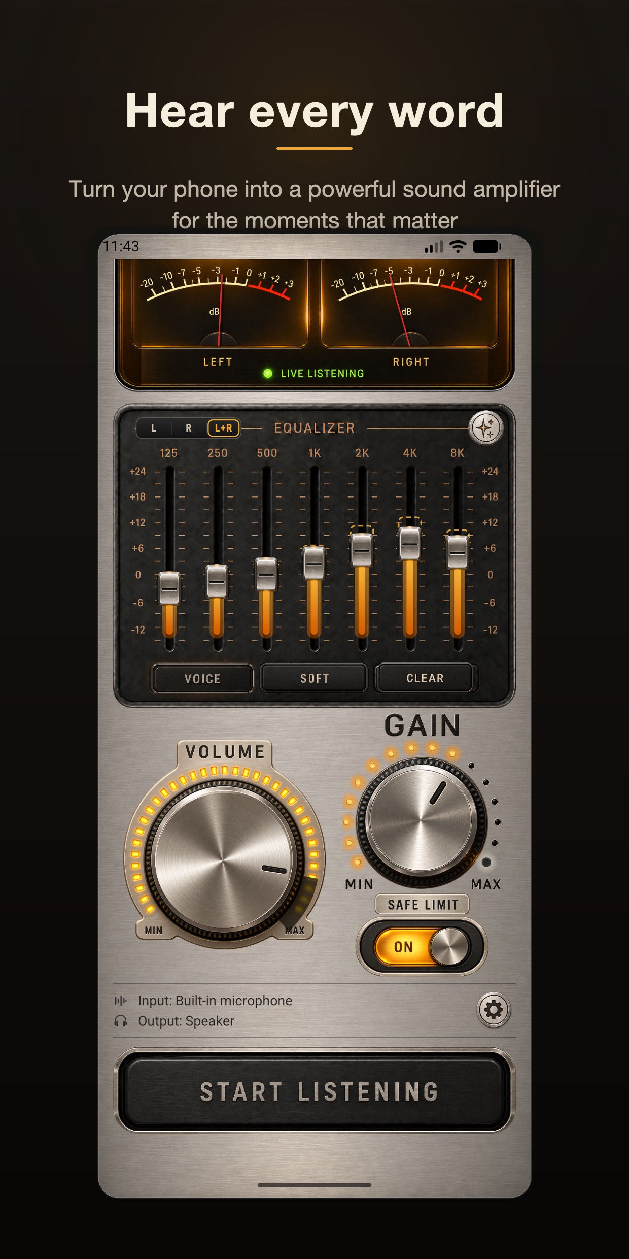 The amplifier panel on an Android phone while listening, with both VU meters moving