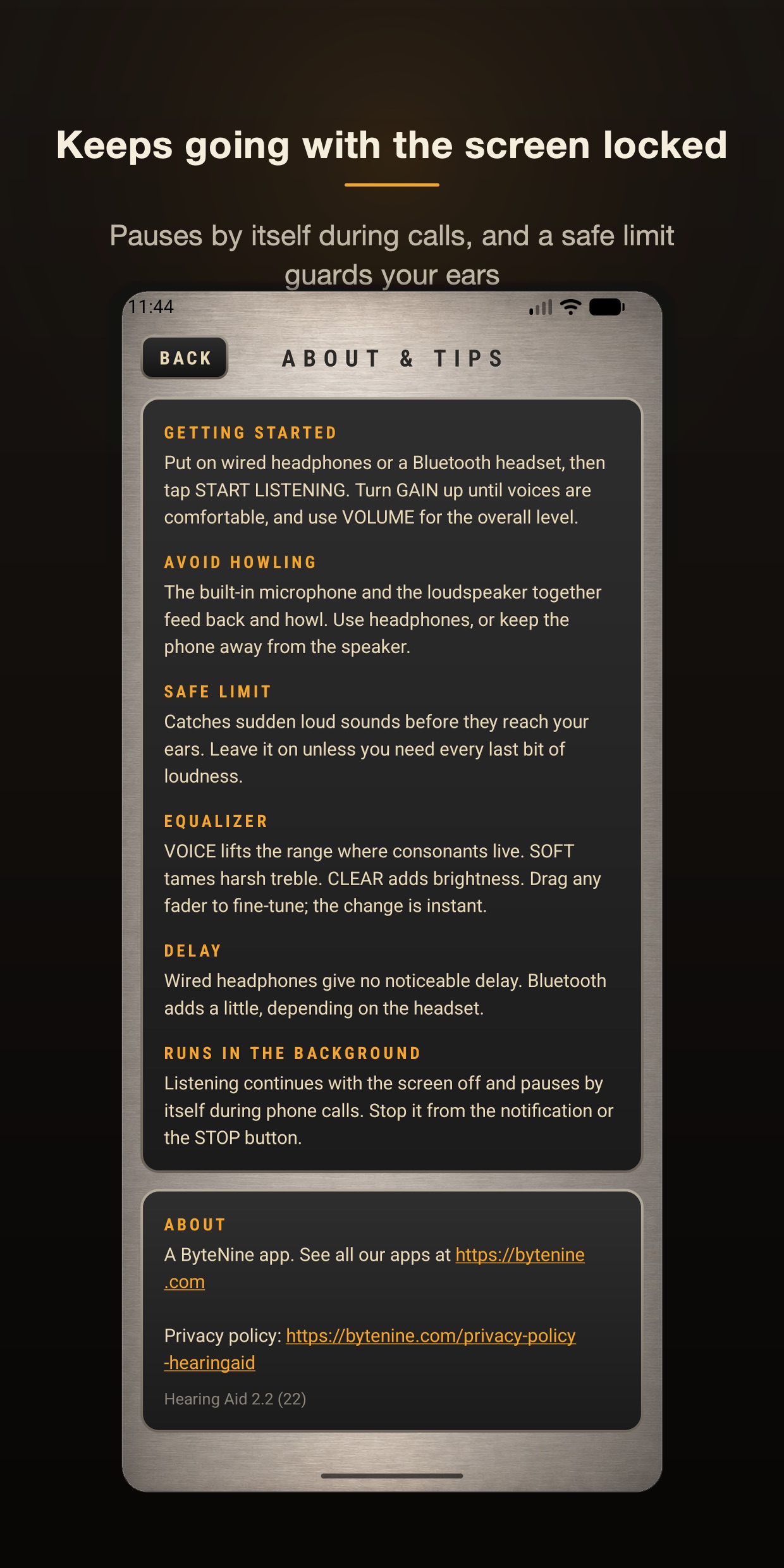 The About and tips screen with advice on getting started, feedback and the safe limit
